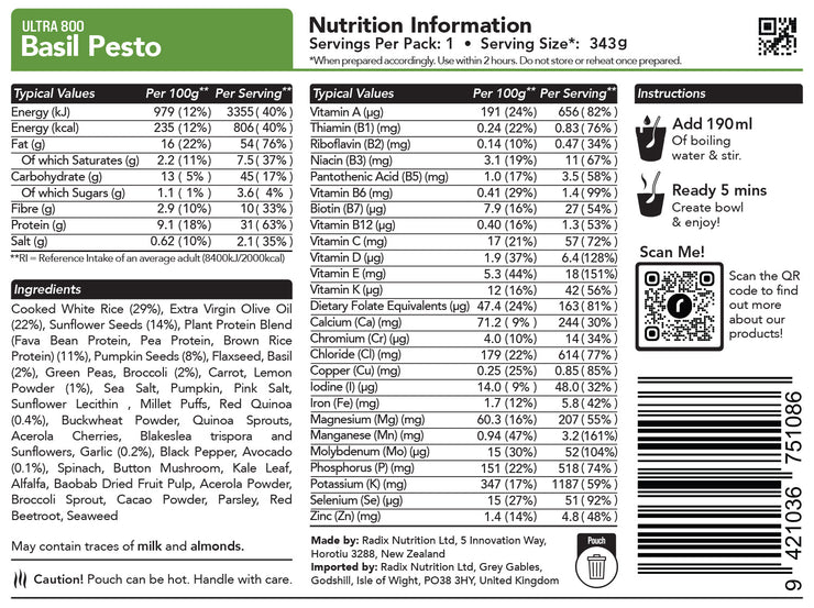 Radix Nutrition DofE Trail Food Basil Pesto Meal - Ultra - 800kcal