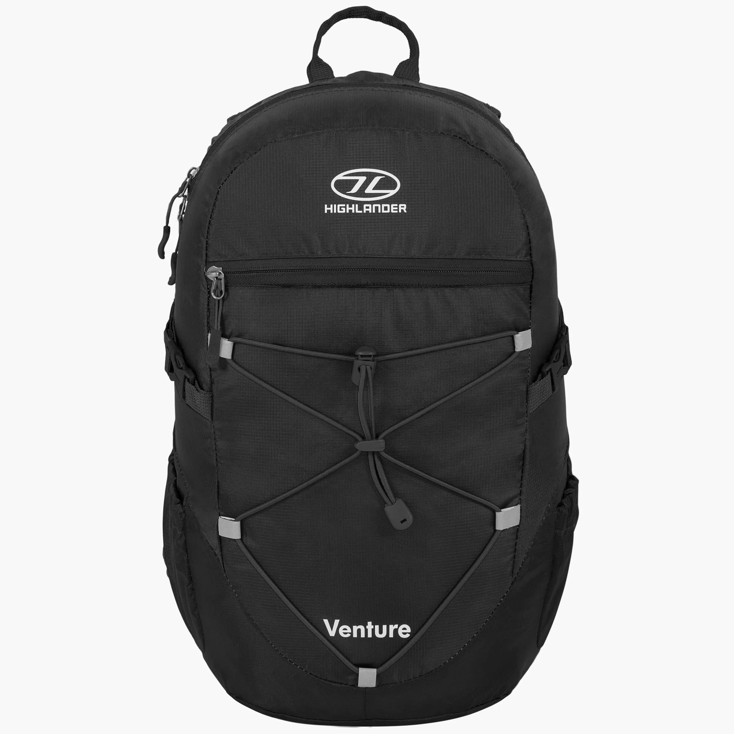 A black Highlander Venture 20 Litre backpack with a front view showing the main compartment and side pockets, with the brand logo visible on the top.