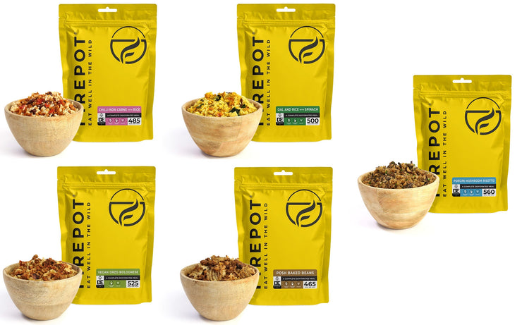 Firepot Vegan Ration Expedition Pack (5 Meal) - Dal/Porcini Mushroom/Orzo Bolognese/Vegan Chilli/Posh Beans
