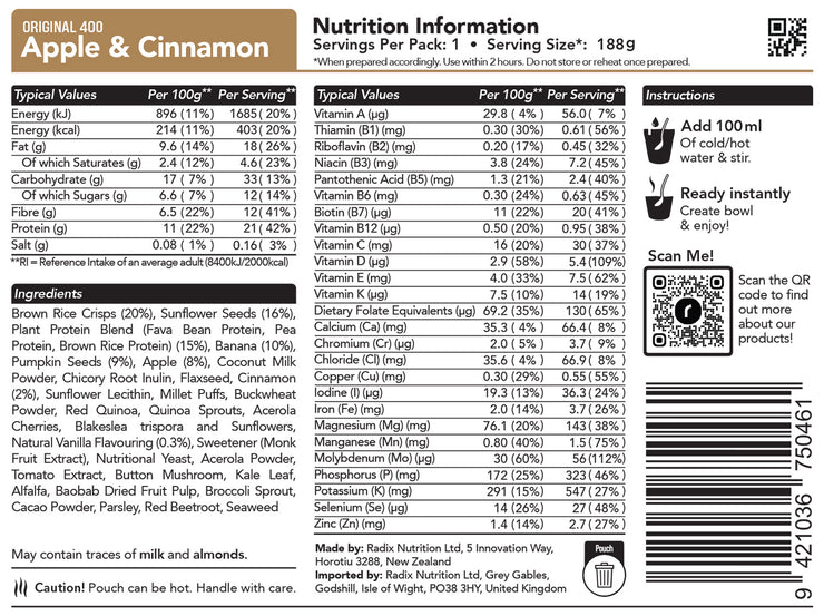 Radix Nutrition DofE Trail Food Apple Cinnamon Breakfast - Original - 400kcal