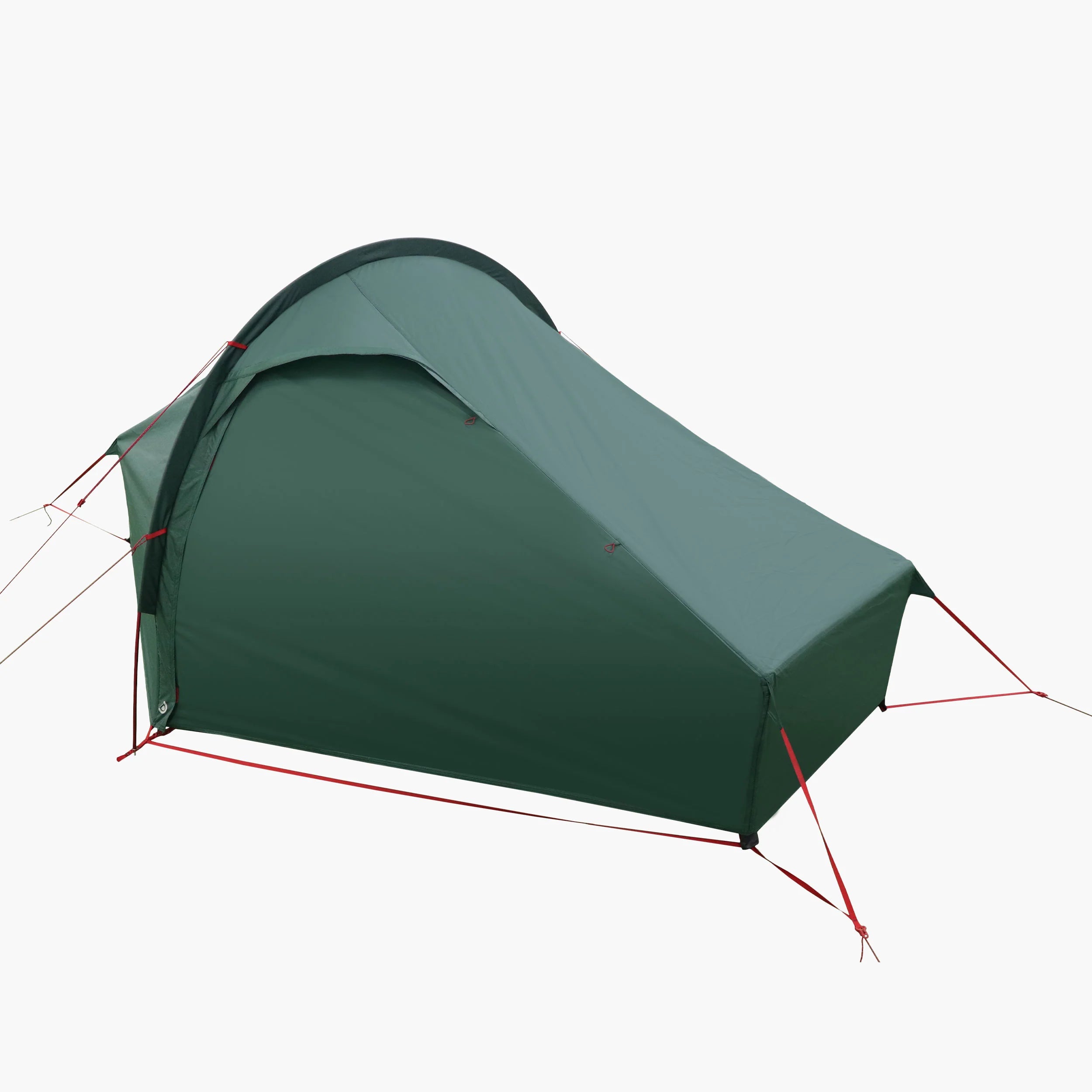 Green camping tent with red stakes on a white background