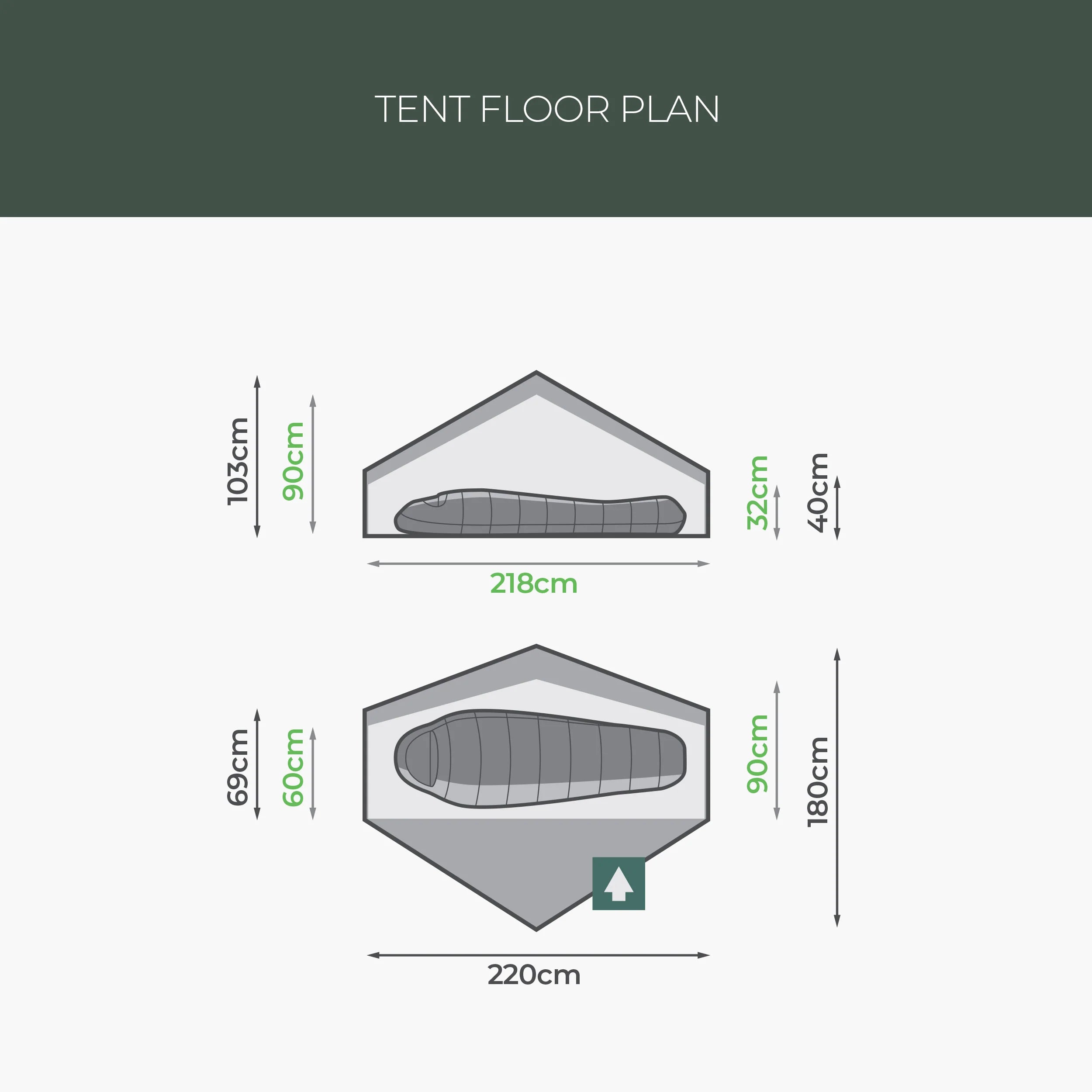 Illustration of tent floor plan with dimensions.