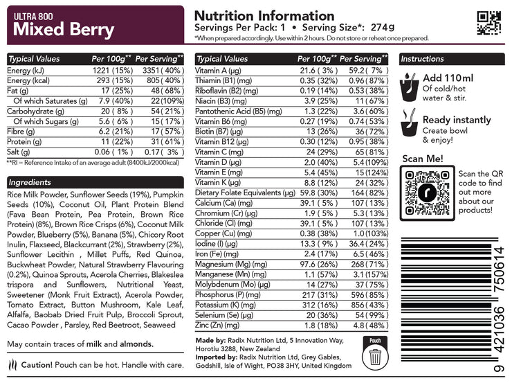Radix Nutrition DofE Trail Food Mixed Berry Breakfast - Ultra - 800kcal