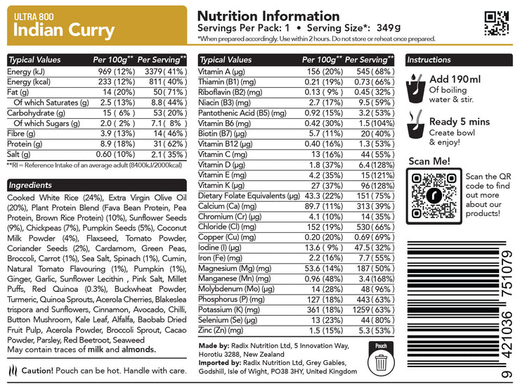 Radix Nutrition DofE Trail Food Indian Curry Meal - Ultra - 800kcal