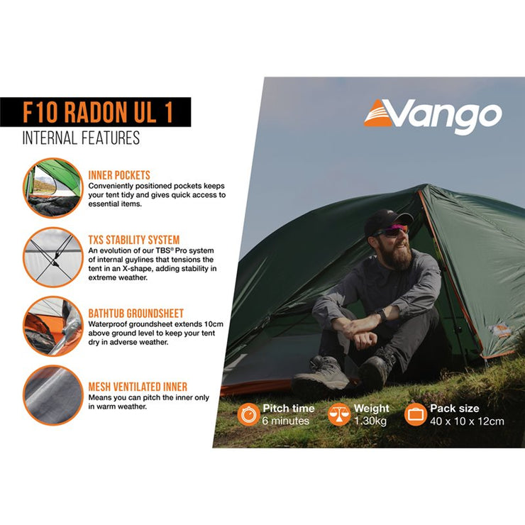 Vango F10 Radon UL 1 Lightweight Tent - Alpine Green