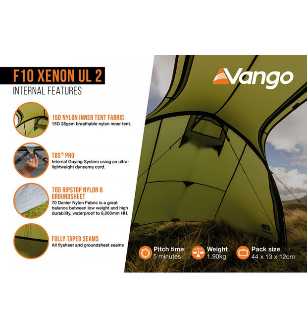 Vango F10 Xenon UL 2  2 Person Lightweight Tent (2023) - Alpine Green