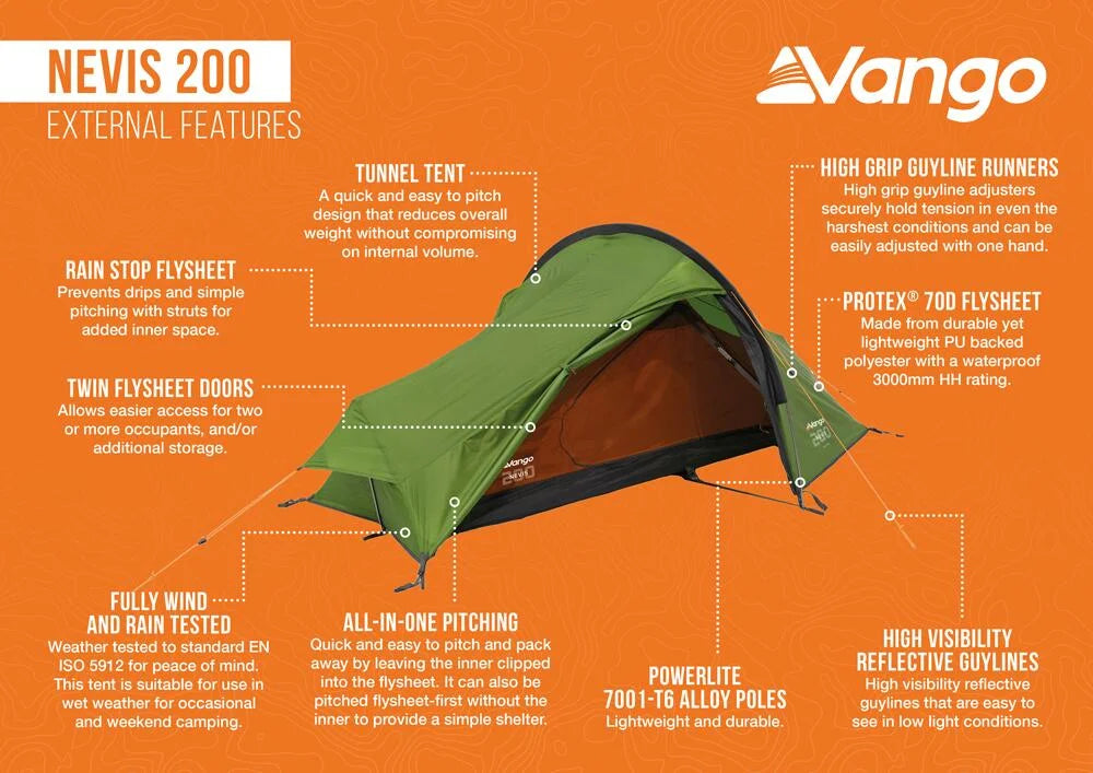 Vango Nevis 200 2 Person Lightweight Trekking Tent - Pamir Green