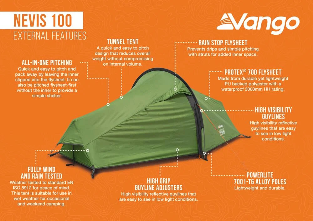 Vango Nevis 100 1 Person Lightweight Trekking Tent - Pamir Green
