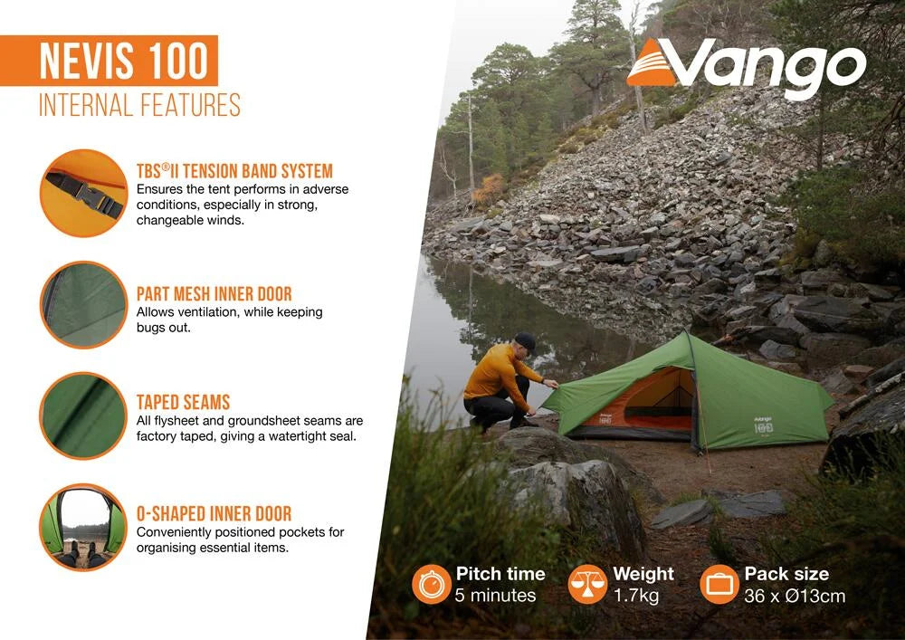 Vango Nevis 100 1 Person Lightweight Trekking Tent - Pamir Green