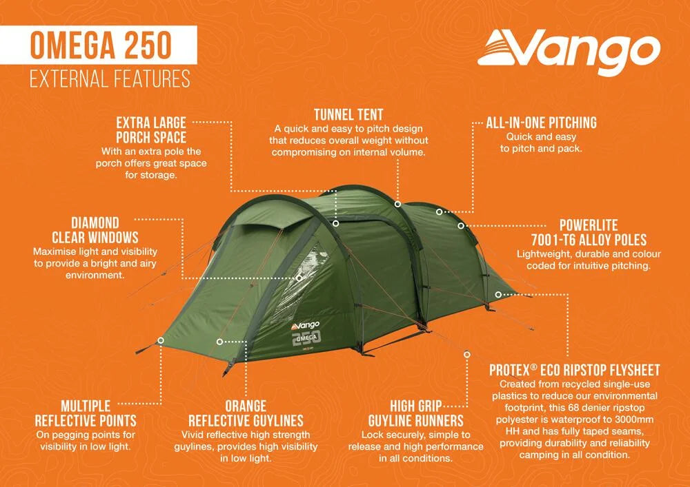 Vango Omega 250 2 Person Tunnel Tent - Forest Green