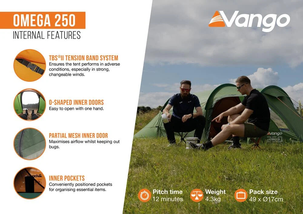 Vango Omega 250 2 Person Tunnel Tent - Forest Green