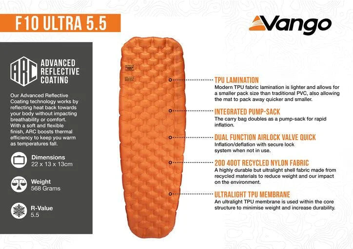 Vango F10 Ultra 5.5 Ultralight Sleeping Mat - Burnt Orange
