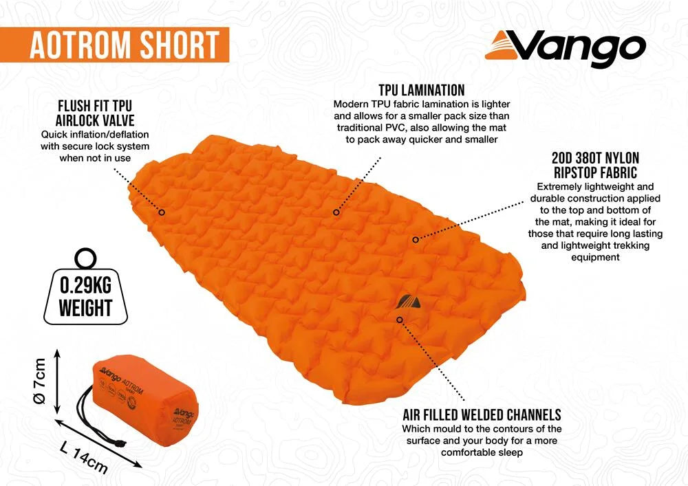 Vango Aotrom Short Lightweight Sleeping Mat (5cm thick) - Vango Orange