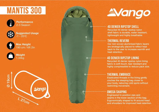 Vango Mantis 300 Lightweight 2-3 Season Sleeping Bag - Pine Green
