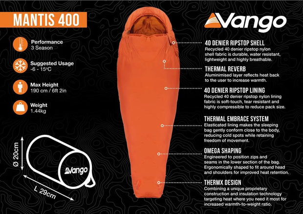 Vango Mantis 400 Lightweight 4 Season Sleeping Bag - Harrisa