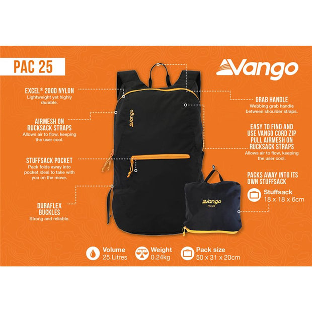 Vango Pac 15 Foldable Packable Rucksack - Black 15 Litres