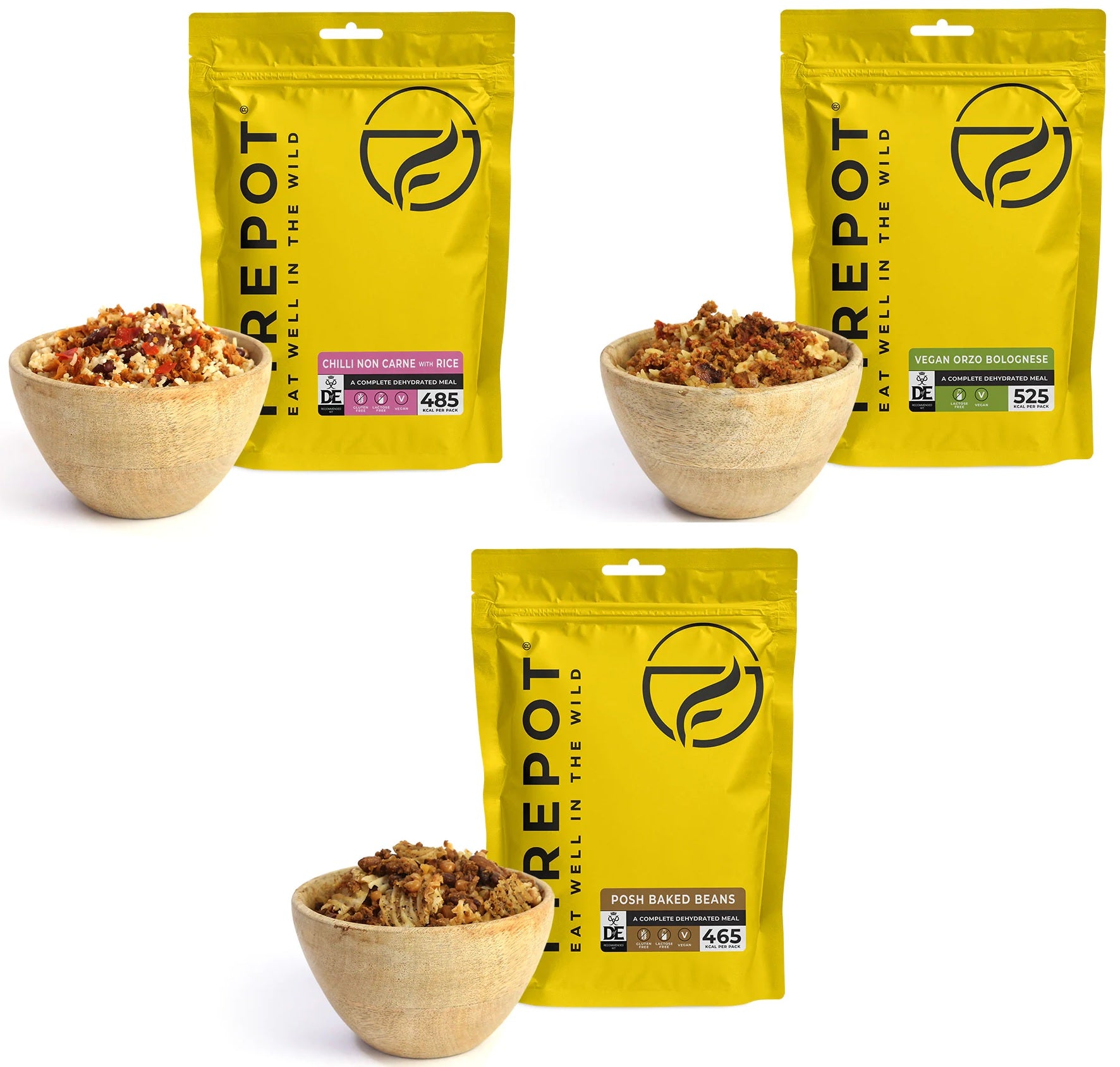 Firepot Vegan Ration Pack MRE (3 Meal) - Orzo Bolognese/Vegan Chilli/Posh Beans
