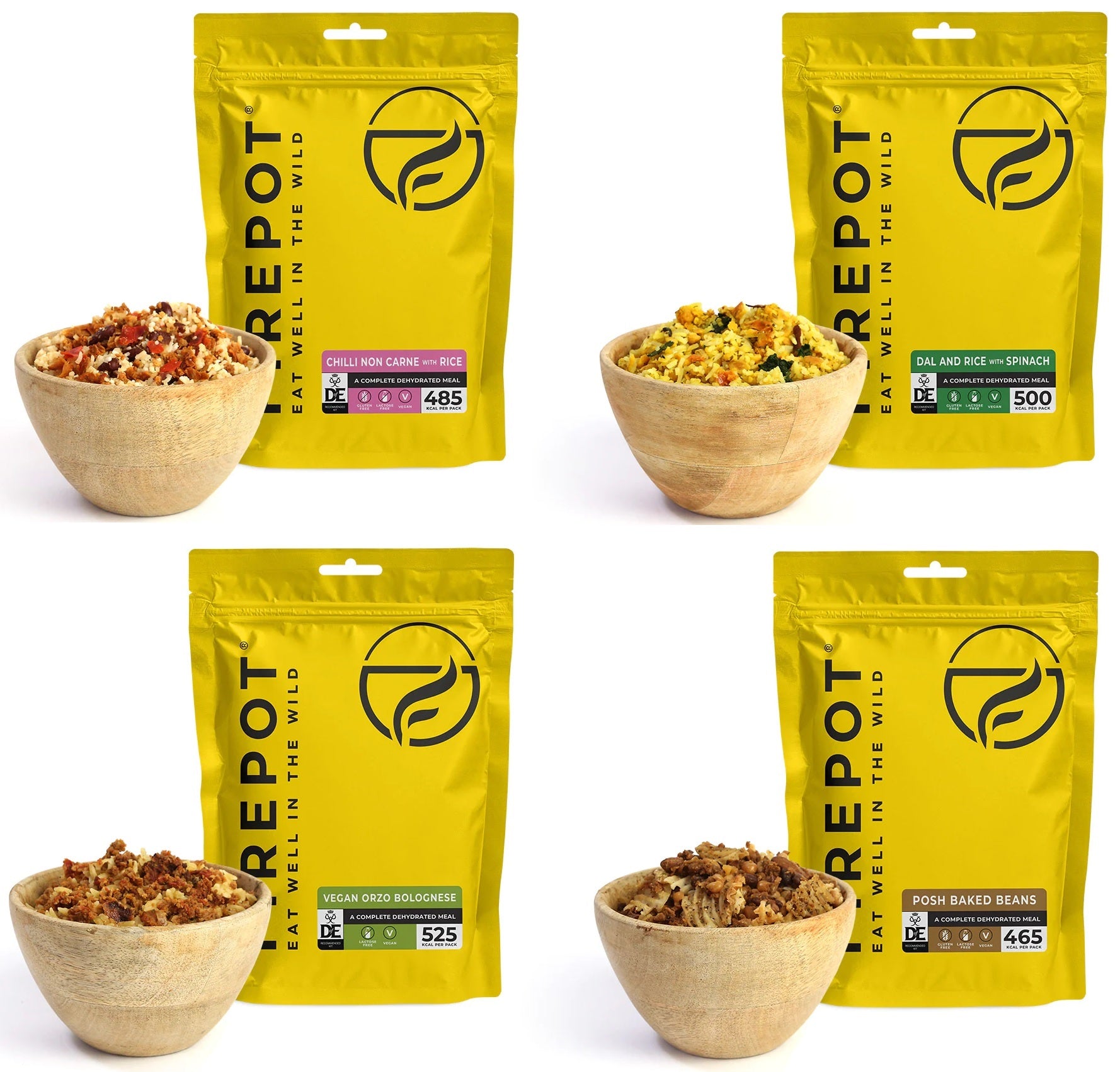Firepot Vegan Ration Expedition Pack (4 Meal) - Dal/Orzo Bolognese/Vegan Chilli/Posh Beans