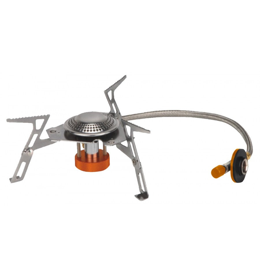 Orange Portable Camping Stove Burning With Blue And Yellow Flames 506134 40360 Orange Portable Camping Stove Burning With Blue And Yellow Flames 506134 40360