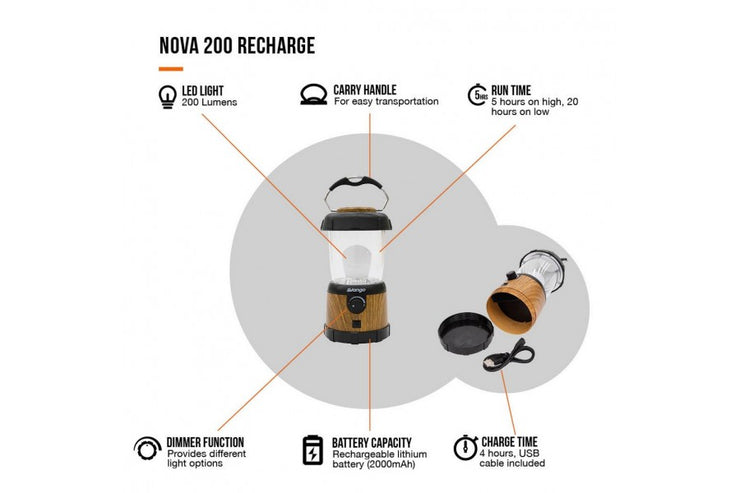 Vango Nova 200 Recharge USB Camping Lantern - Wood Effect