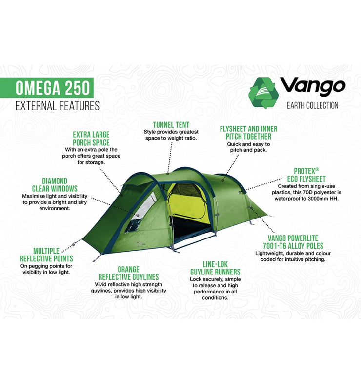 Vango Omega 250 Lightweight 2 Person Tunnel Tent - Pamir Green (2023)